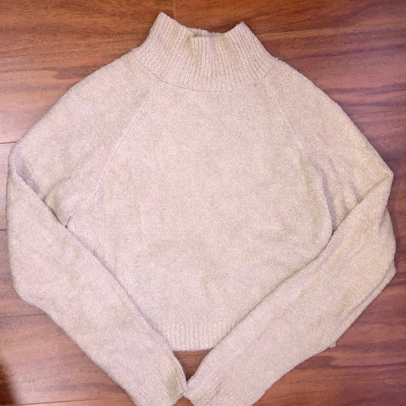 A light beige, fuzzy, long-crop, sweater. - Picture 2 of 3